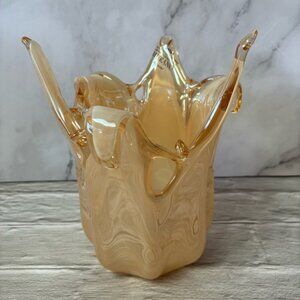 MURANO Hand Blown Glass Art Honey Colored Handkerchief Collapsed Bowl/Vase/Candl